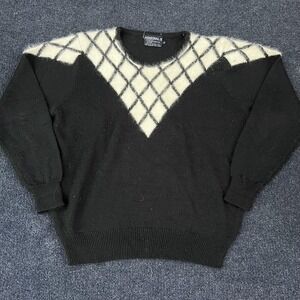 Vintage Personal II Sweater‎ Mens 2XL Black Crewneck Argyle Angora Knit Pullover